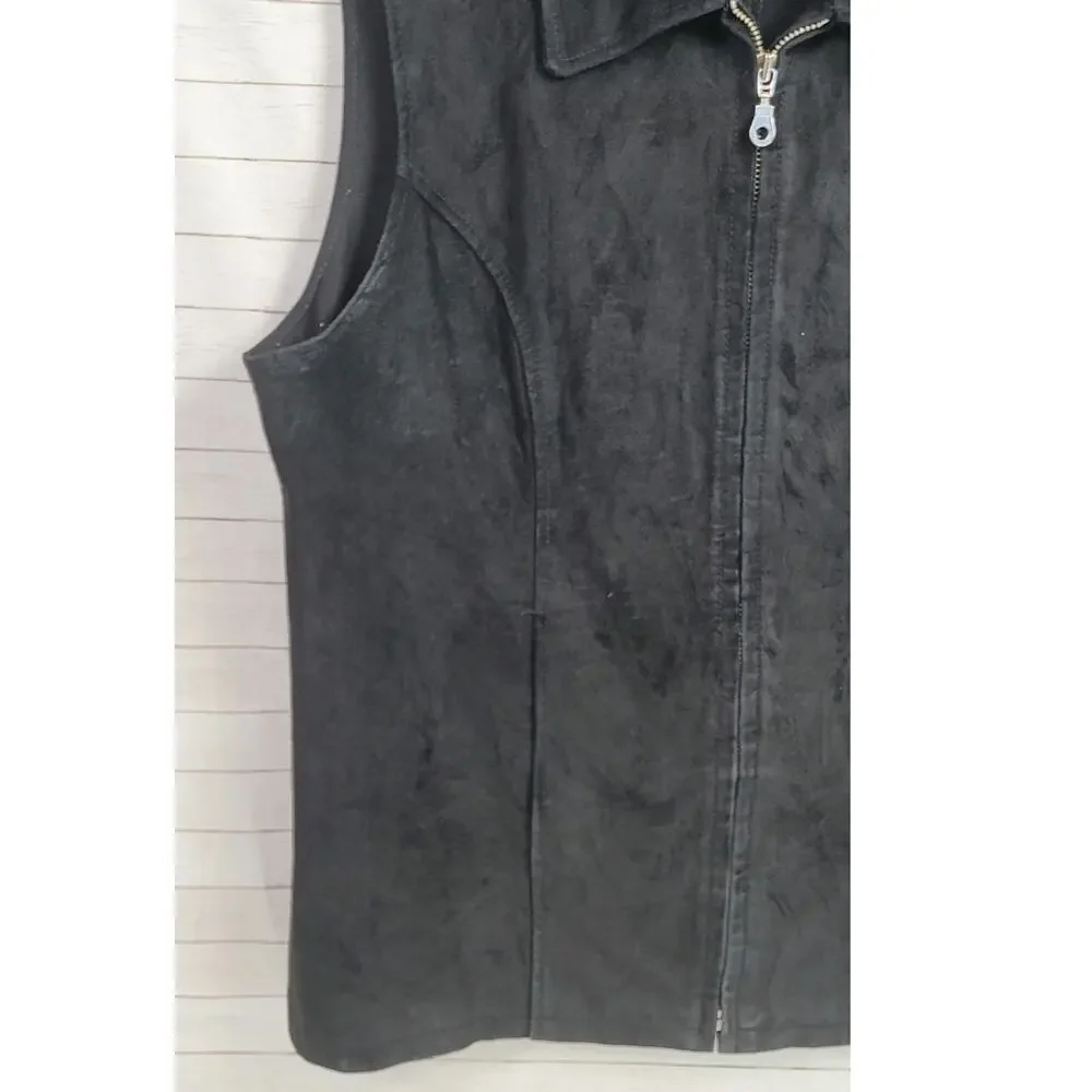VINTAGE GANTOS 100% SUEDE LEATHER RIBBED FULLED ZIP VEST IN BLACK, SZ XL